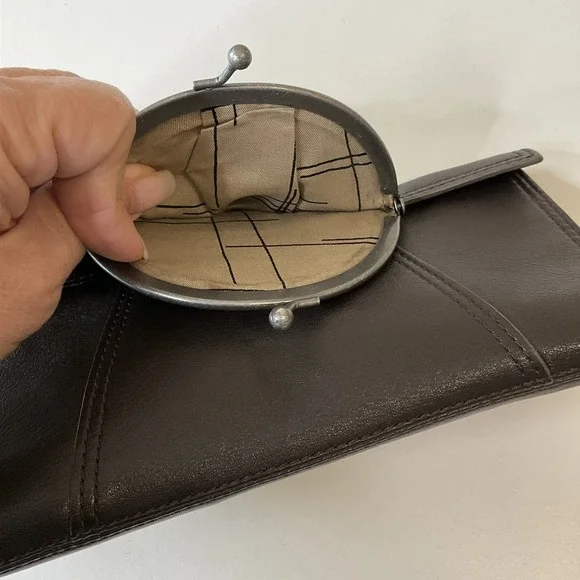 Vintage New Kenzo Leather Wallet Clutch Kiss Lock Coin Purse Brown Boho Retro - Picture 6 of 12